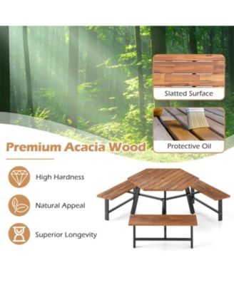 6-Person Acacia Wood Picnic Table and 3-Bench Set with Umbrella Hole