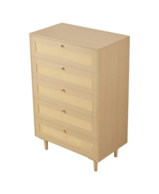 5 Drawer Rattan Dresser, Modern Closet Chest with Metal Handles, Wood Legs