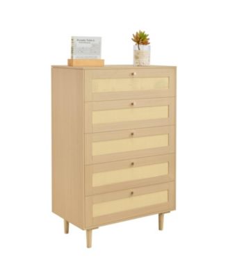 5 Drawer Rattan Dresser, Modern Closet Chest with Metal Handles, Wood Legs