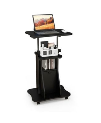 Mobile Standing Desk Cart with Adjustable Tilt Desktop, Cabinet and Open Shelves