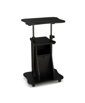 Mobile Standing Desk Cart with Adjustable Tilt Desktop, Cabinet and Open Shelves