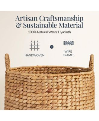 2-Piece Round Nesting Baskets Handles, Handwoven Water Hyacinth, Storage Organizer