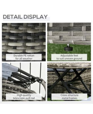 4pc Rattan Patio Furniture Set, Round Convertible Daybed or Sunbed, Adjustable Sun Canopy, Sectional Outdoor Sofa, 2 Chairs, Extending Tea Table, 3 Pillows, Light Gray