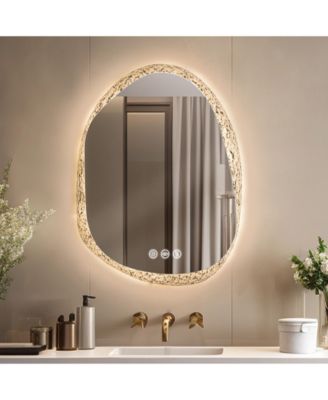 28"x20" Irregular Stone Pattern Frosted LED Bathroom Vanity Mirror for Wall with Backlit Anti Fog, 3 Colors and Dimmable Light