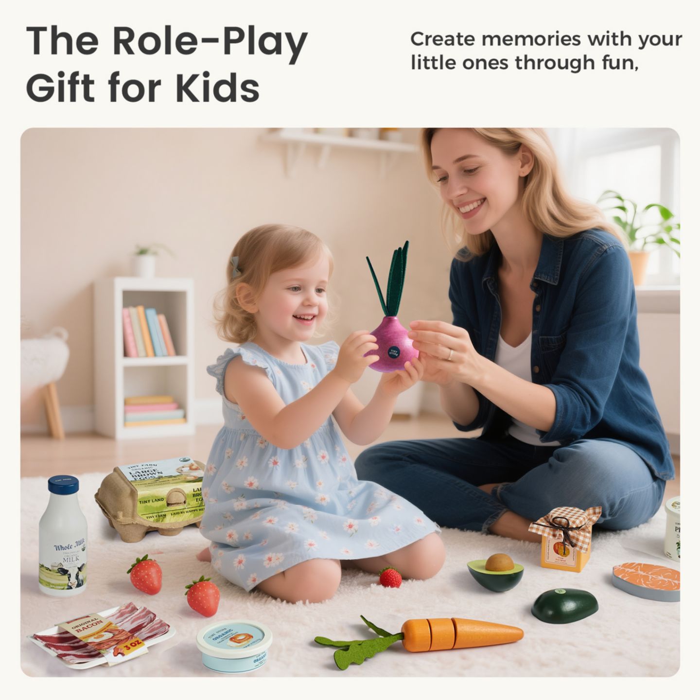 Детские игрушки Tiny Land Natural-Style Wooden 7-Piece Fruit & Veggie Play Set, Ages 2+ — фото 7