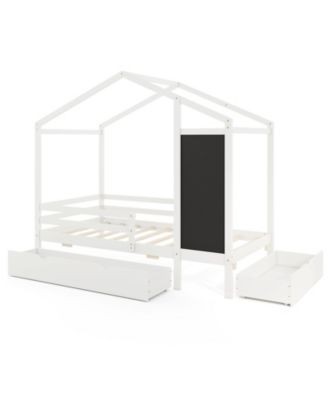 Kids Twin Bed with Storage Drawers Solid Wood Blackboard Headboard