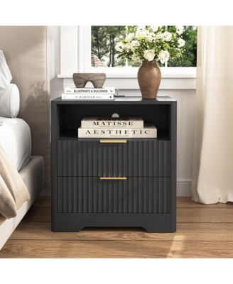 Functional Bedside Cabinet - 2 Drawers, Open Storage Shelf, Integrated Charging Station and Ambient Night Light for Home Decor