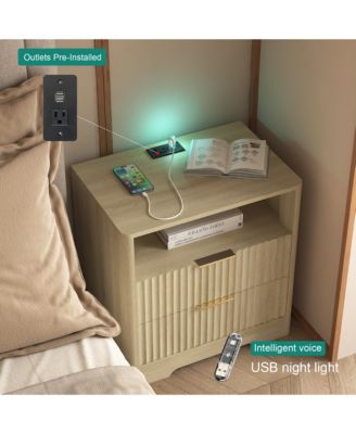 Nightstand with Charging Stations and Night Light, 2-Drawer Bedside Table with Open Storage Shelf for Bedroom, Living Room