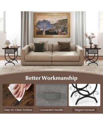 Side Table with Fabric Drawer and Carved Metal Frame for Living Room