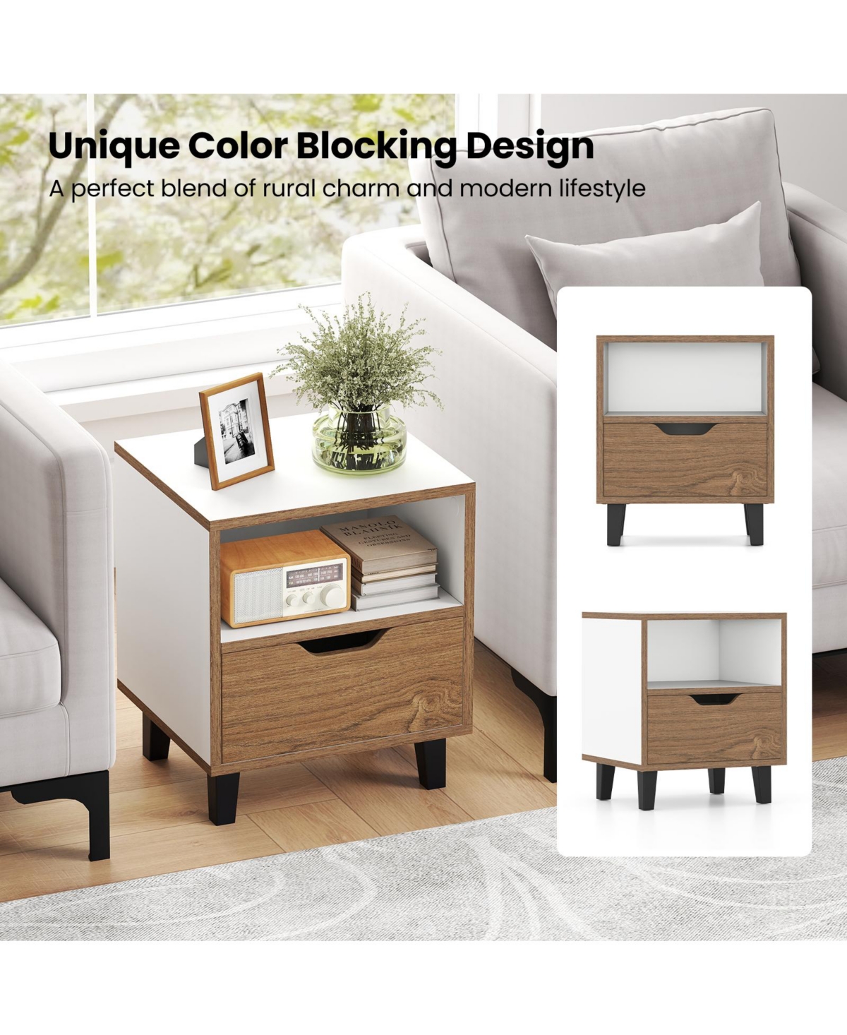 Sugift Nightstand Set of 2 with Drawer and Open Storage Shelf for Bedroom