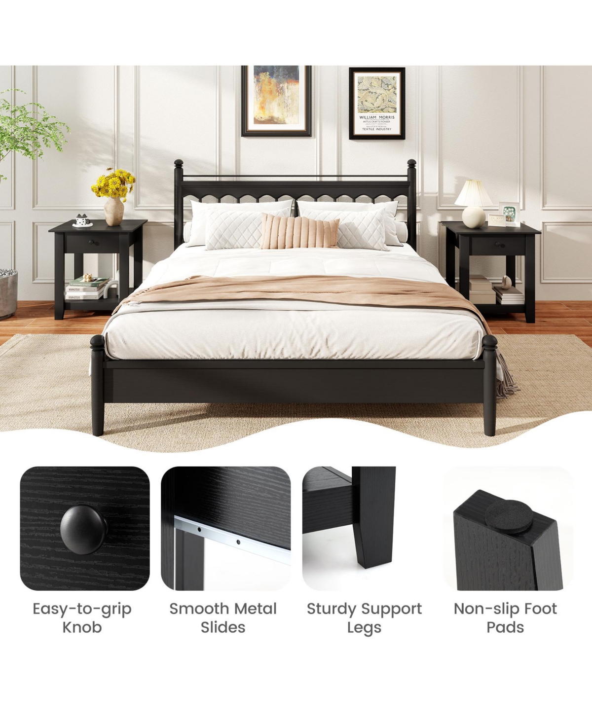 Sugift Nightstand with Drawer 3-Tier Modern Bedside Table with Open Shelf and Storage