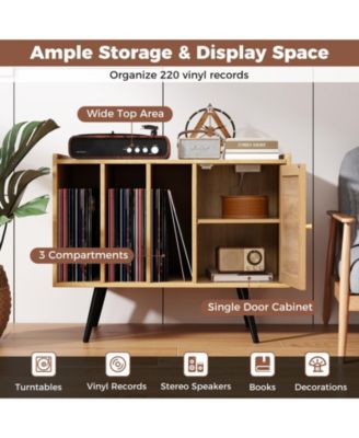 Record Player Stand with Charging Station and Rattan Cabinet for Living Room