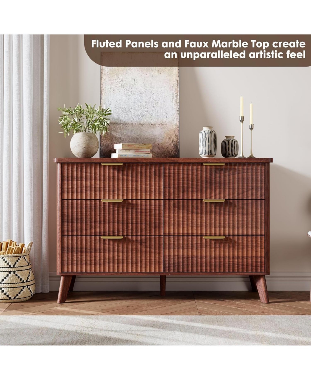 gaomon Walnut Modern Fluted 6-Drawer Dresser, Curved Profile with Handles for Bedroom