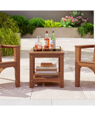 2-Tier Solid Wood Patio Side Table with Storage Shelf