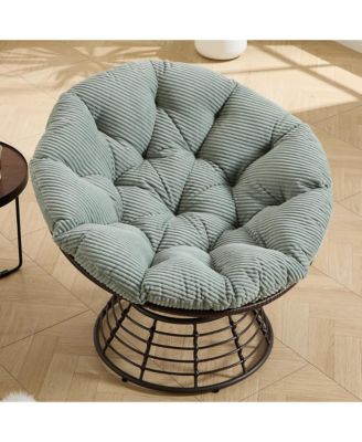 360degree(s) Swivel Rattan Lounge Chair, Wicker Papasan Seat with Plush Cushion, Sturdy Frame Holds Up to 300 LBS for Bedroom and Balcony