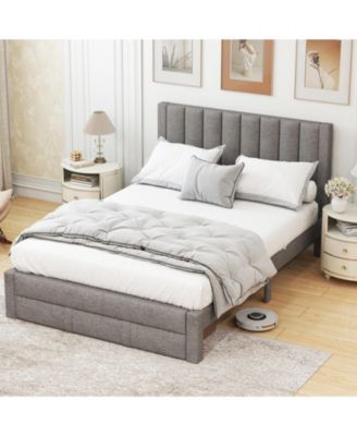 Queen Size Bed Frame with Storage Drawer and Vertical Channel Headboard