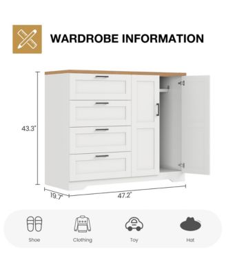 Bedroom Armoire Wardrobe Closet with 4 Drawers and 2 Doors, Wooden Storage Cabinet with Hanging Rod.