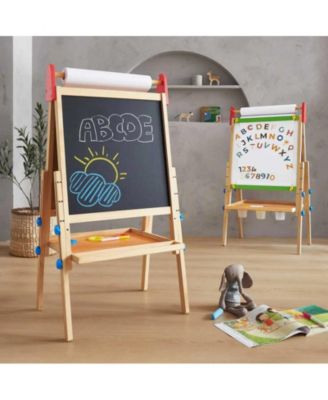 3-in-1 Art Easel for Kids with 2 Drawing Paper Roll - Wooden Chalkboard & Magnetic Whiteboard - Natural