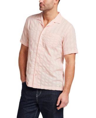 Men's Short-Sleeve Button Down Vertical Texture Camp Collar Cotton Shirt