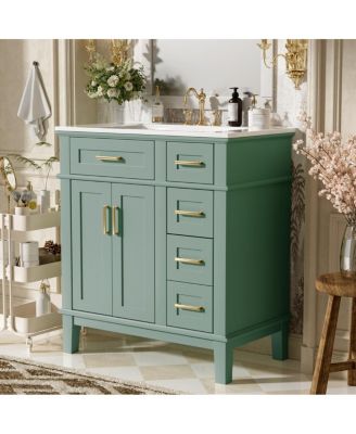 30 Inch Modern Bathroom Vanity with Ceramic Sink, Solid Wood MDF Freestanding Cabinet, Soft Close Drawers for Small Spaces