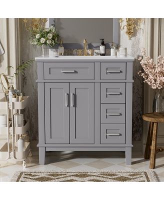 30 Inch Modern Bathroom Vanity with Ceramic Sink, Solid Wood MDF Freestanding Cabinet, Soft Close Drawers for Small Spaces