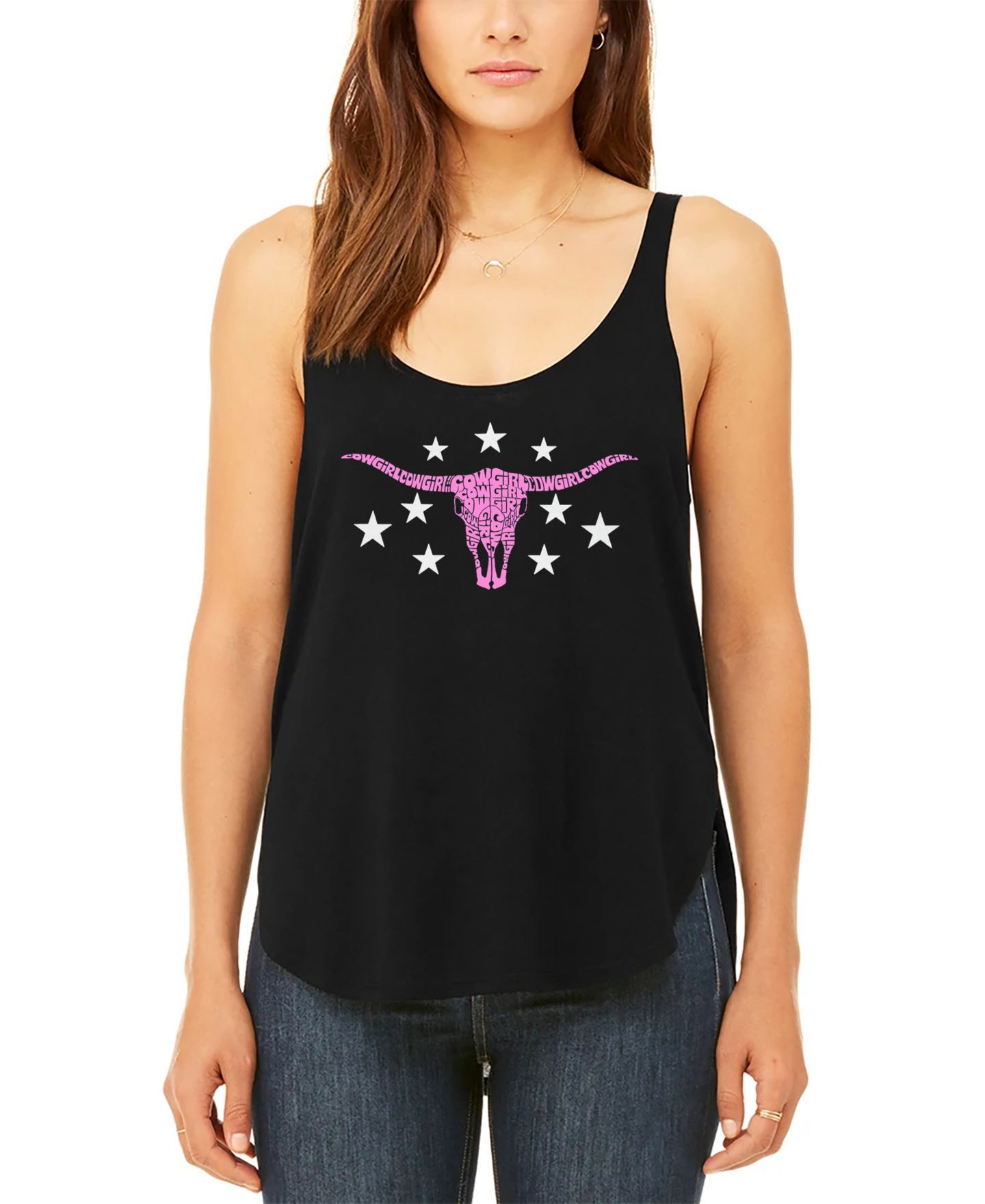 Женский топ LA Pop Art Cowgirl Cowskull Premium Word Art Flowy, цвет: Чёрный — фото 1