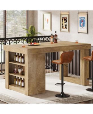 Wooden Farmhouse Bar Table, 55" Large Counter Height Table with Storage Shelves, Modern Home Bar Furniture