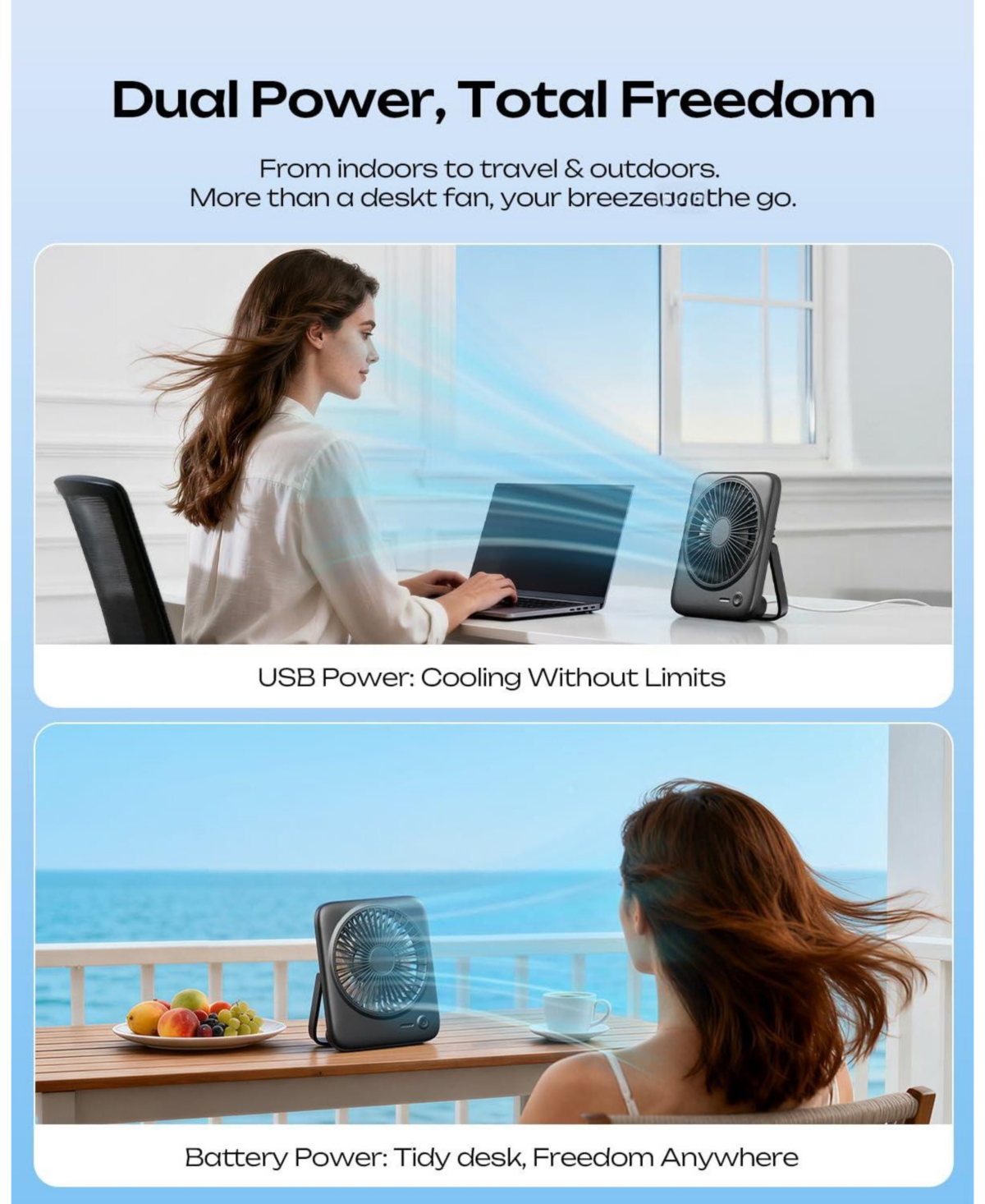 Gnuadz Portable Desk Fan Usb Rechargeable Quiet 4-Speed 4000mAh