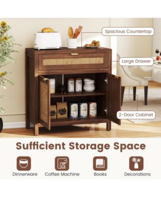 Sideboard Storage Cabinet with Rattan Doors and Drawer, 31 x 14.5 x 32 in