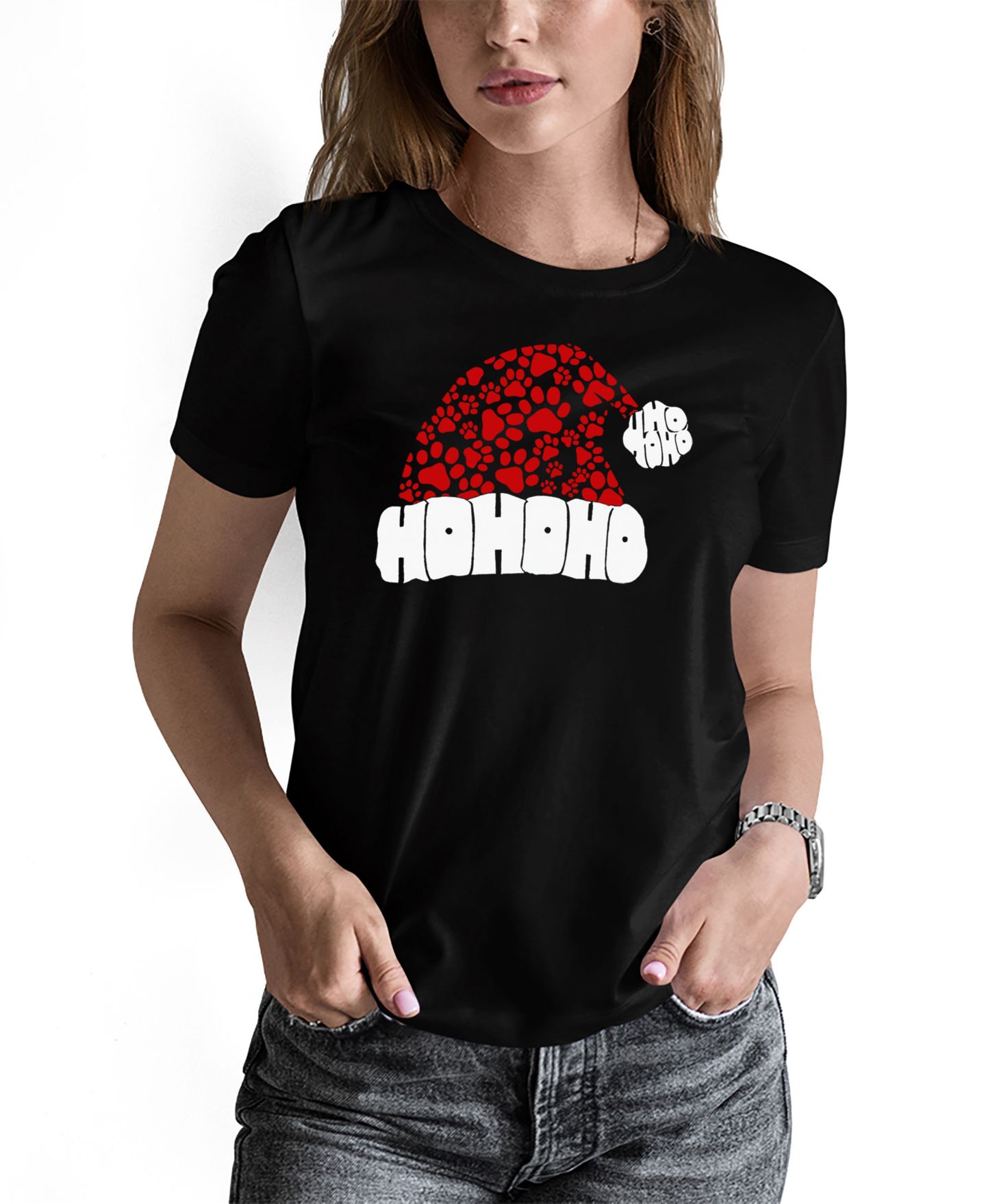 Женский свитер LA Pop Art Paw Print Santa Hat Word Art Pullover Top, цвет: Чёрный — фото 1