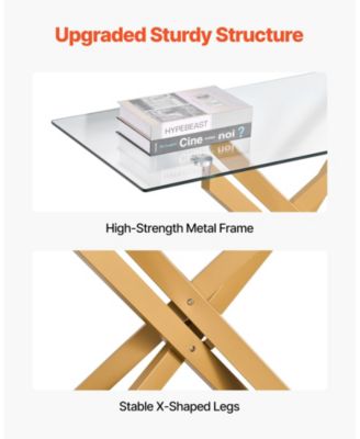 Tempered Glass Rectangle Coffee Table with Metal Cross-Leg Frame