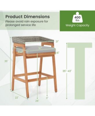 Acacia Wood Counter Height Bar Stool Set of 2 with Wicker Backrest, Cushion and Footrest