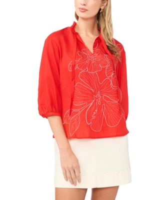 Women's 3/4-Length-Sleeve Wide Pleated Neck Blouse