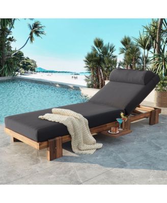 78.8'' Outdoor Chaise Lounge Chair, Acacia Wood Reclining Chair with Headrest, Retractable Side Tray and Adjustable Backrest for Beach