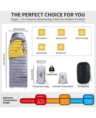 Ultralight Down Sleeping Bag, 650FP, 3-4 Season, Adults, 32-42, Waterproof, Compact, Camping