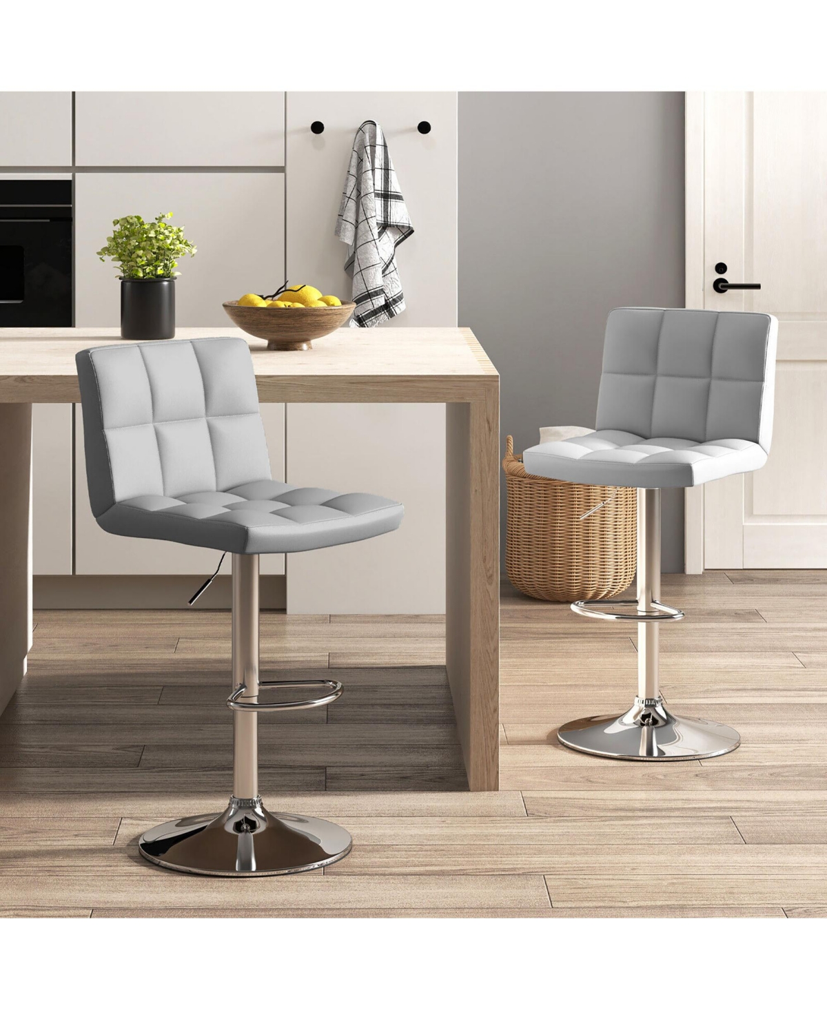 Gymax Set of 2 Adjustable Swivel Bar Stool Counter Height Bar Chair Pu Leather