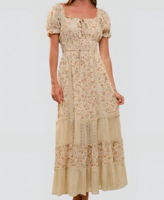 Women's Floral Puff-Sleeve Smocked-Waist Maxi Dress