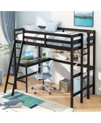 Loft Bed w/ Desk & Shelf 2 Ladders & Guard Rail for Kids Teens Bedroom