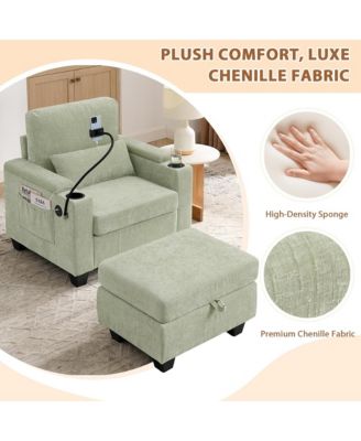 Multi-Functional Accent Chair and Storage Ottoman, Convertible Chaise Sleeper with USB and Phone Stand for Living Room and Apartment