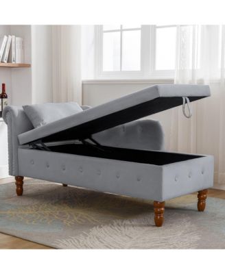 Velvet Upholstered Chaise Lounge Chair, Modern Rolled Armrest Accent Chair with Hidden Storage, Nailhead Trim and Pillow for Living Room