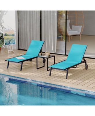 Outdoor Chaise Lounge Chairs with Wheels & Side Table Set of 3, 5-Position Adjustable Backrest Poolside