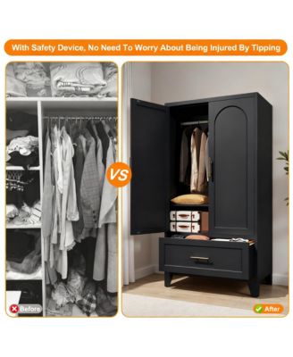 Wardrobe Cabinet, 60" Tall Armoire Wardrobe Closet with 1 Drawer, 2 Doors and Hanging Rod, Farmhouse Clothing Storage Cabinet for Bedroom
