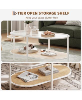 2-Tier Rattan Coffee Table with Tempered Glass Top, Farmhouse Water-Wave Glass Metal Tea Center Tables Storage Shelf Decor