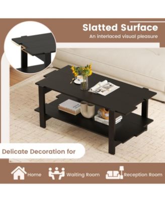2-Tier Coffee Table Slatted Wood Center Table with Storage Shelf