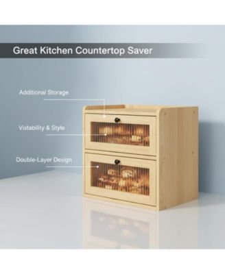 Double Layer Wooden Bread Box with Window Ventilation Pine Construction Countertop Storage