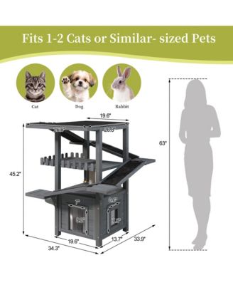Outdoor Cat House 4 Tiers, Weatherproof Cat Tree Tower with Waterproof Roof, Multi-Level Play Zones with Balcony and 2 Doors, Grey