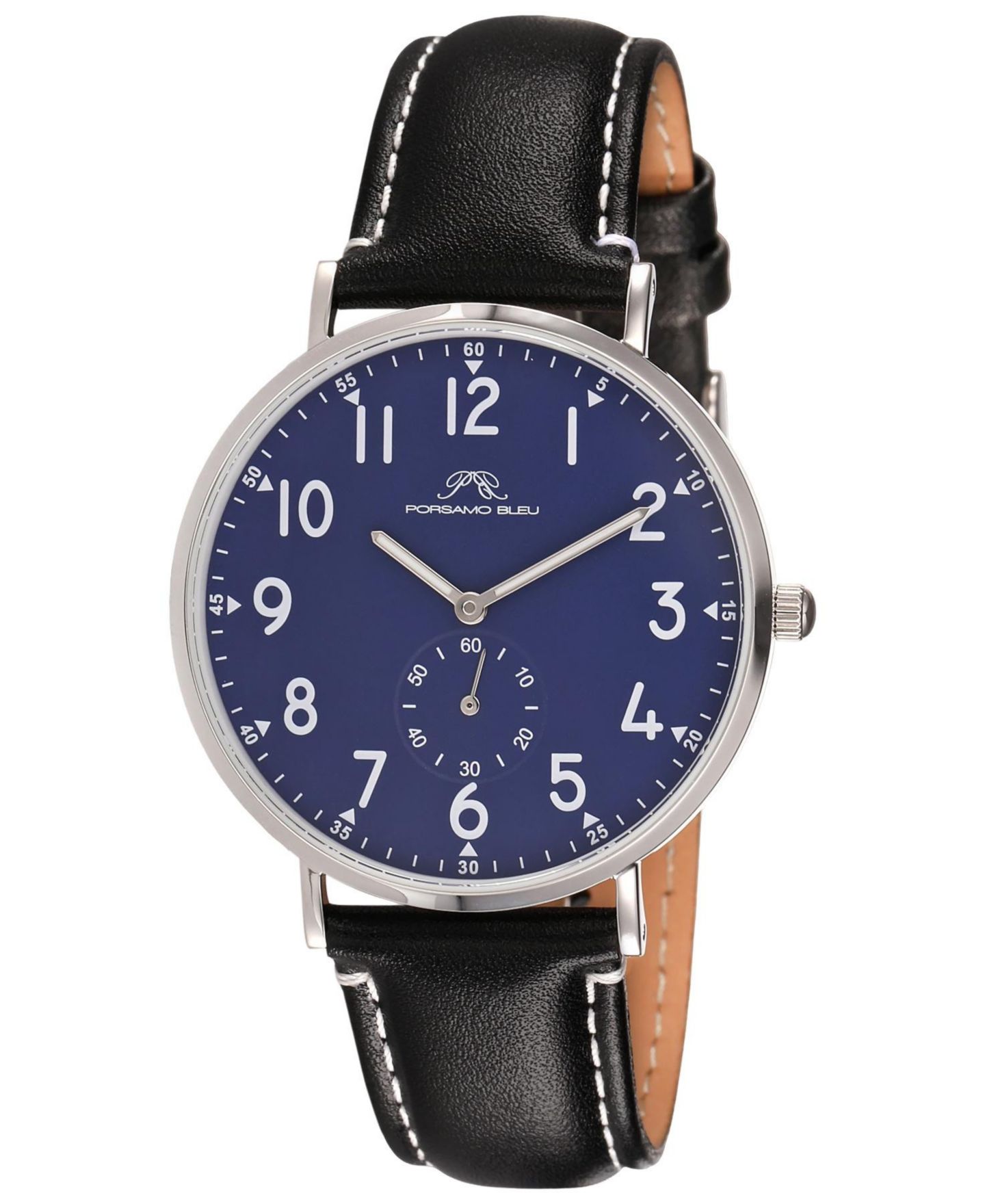 Мужские часы Porsamo Bleu Rowan Round Black Genuine Leather Band Watch 40 mm, цвет: Серебристый / Чёрный — фото 1