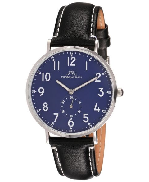 Мужские часы Porsamo Bleu Rowan Round Black Genuine Leather Band Watch 40 mm, цвет: Серебристый / Чёрный