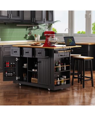 53" Kitchen Island with 2 Bar Stools, Power Outlet, Drop Leaf and 5 Lockable Wheels