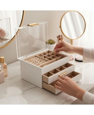 3 Layer Acrylic Jewelry Organizer Clear Dustproof Storage Case with Drawers for Earrings Rings Necklaces